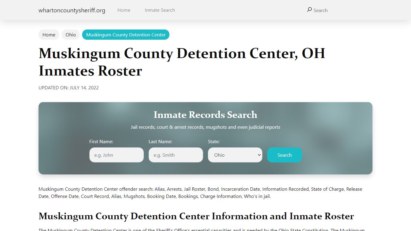 Muskingum County Detention Center, OH Jail Roster, Name Search